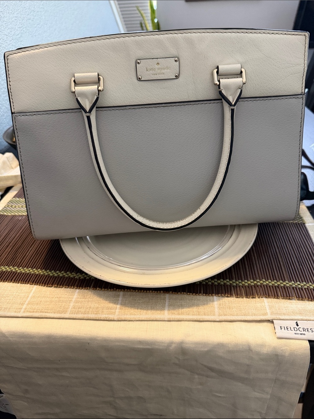 kate spade Two-Tone Cream and Light Gray Leather Tote